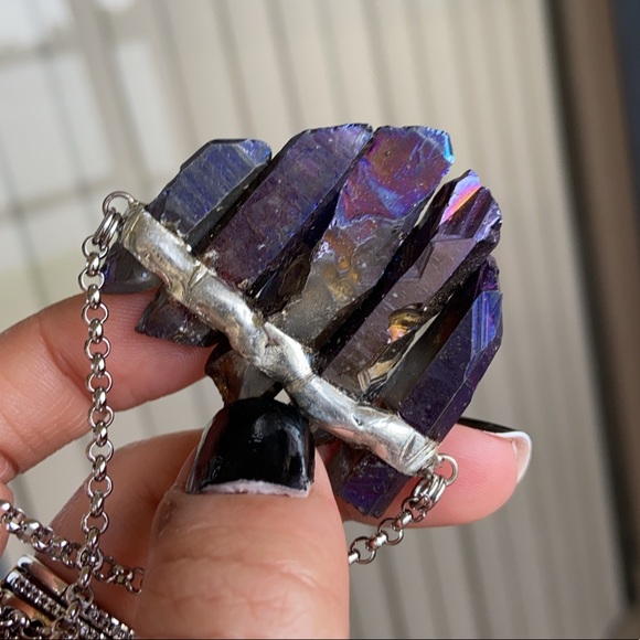 Dark purple aura crystal steel necklace boho gems - Picture 8 of 10